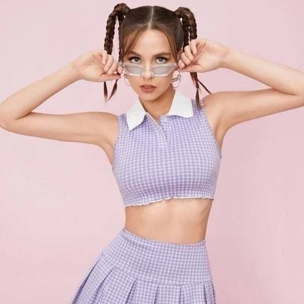 Shein Houndstooth Purple Collared Cropped Polo Tee