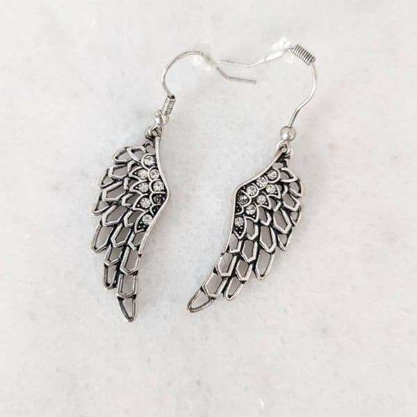 Angel Wings Silver Toned Rhinestone Earrings