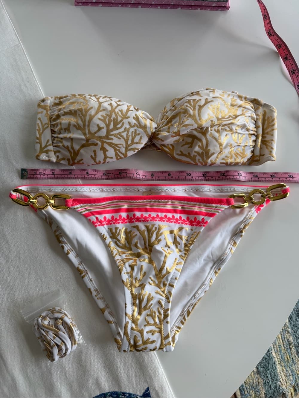 White & Gold Coral Print Bandeau Bikini