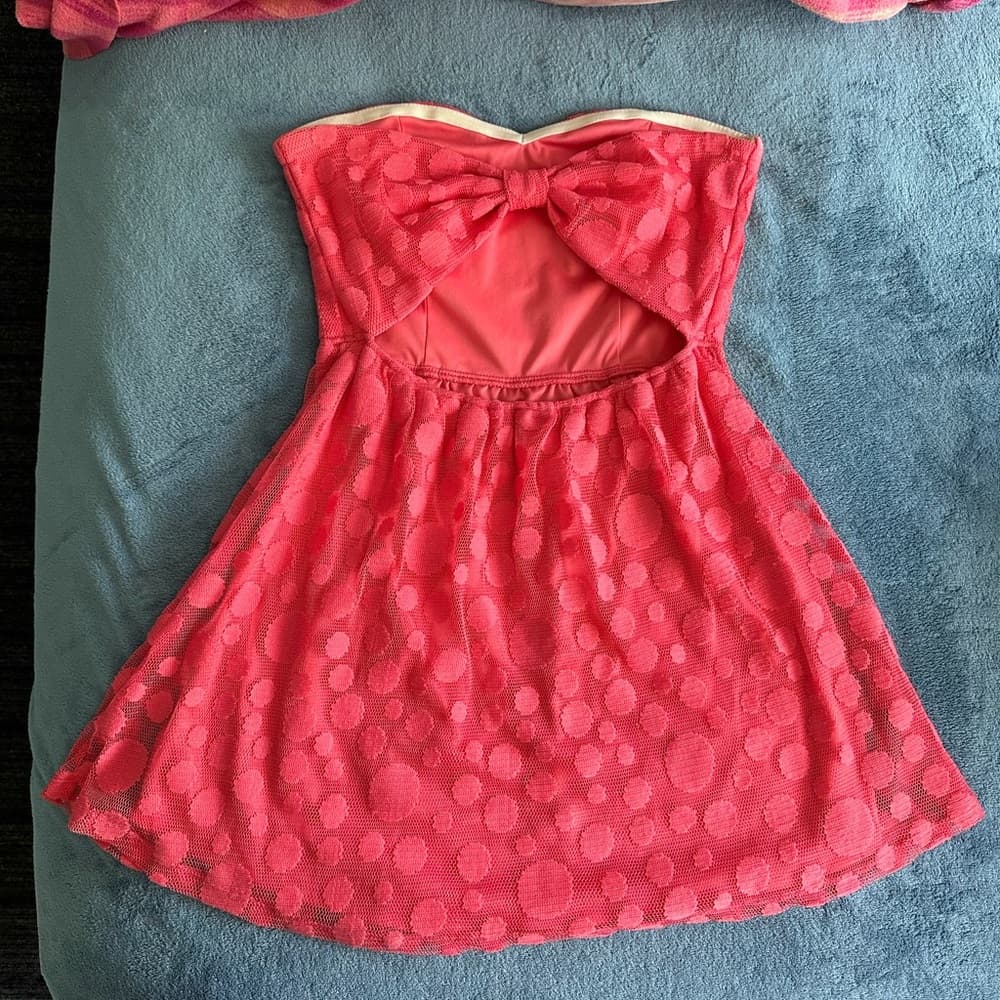 Fun Strapless Coral Pink Dot Lace Dress