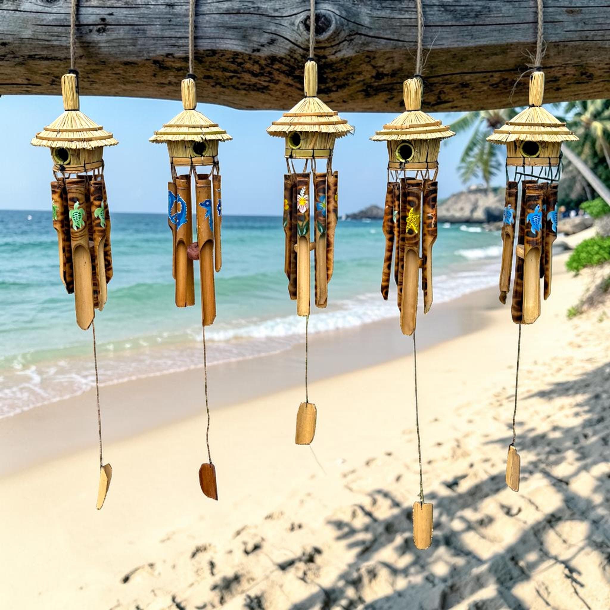 Tiki Hut Birdhouse Wind Chime, Handmade Bamboo Coastal Decor, Tropical Wind Chime, Beach House Patio Decor, Turtle Dolphin Hibiscus Starfish