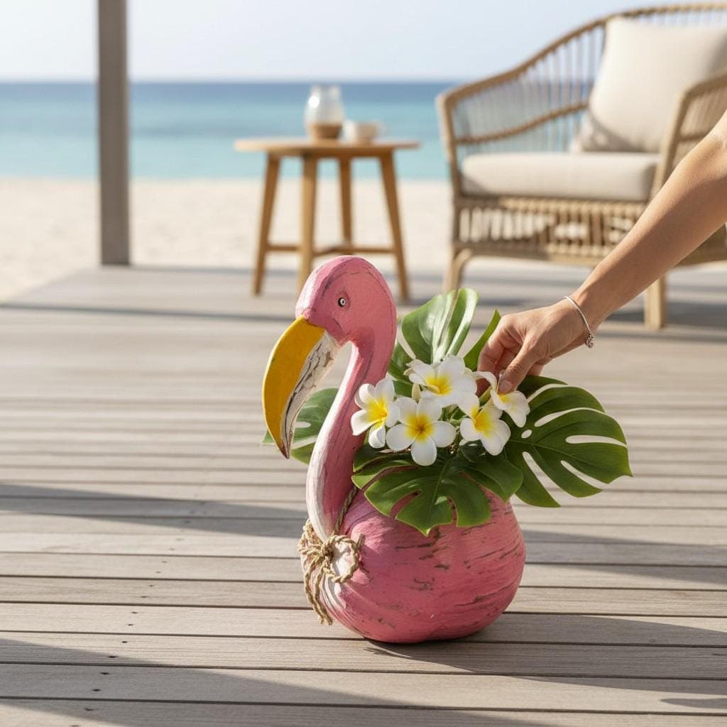 Handmade Flamingo Coconut Planter | Tropical Beach Decor | Pink Flamingo Flower Pot | Coastal Garden Decor | Unique Succulent Planter
