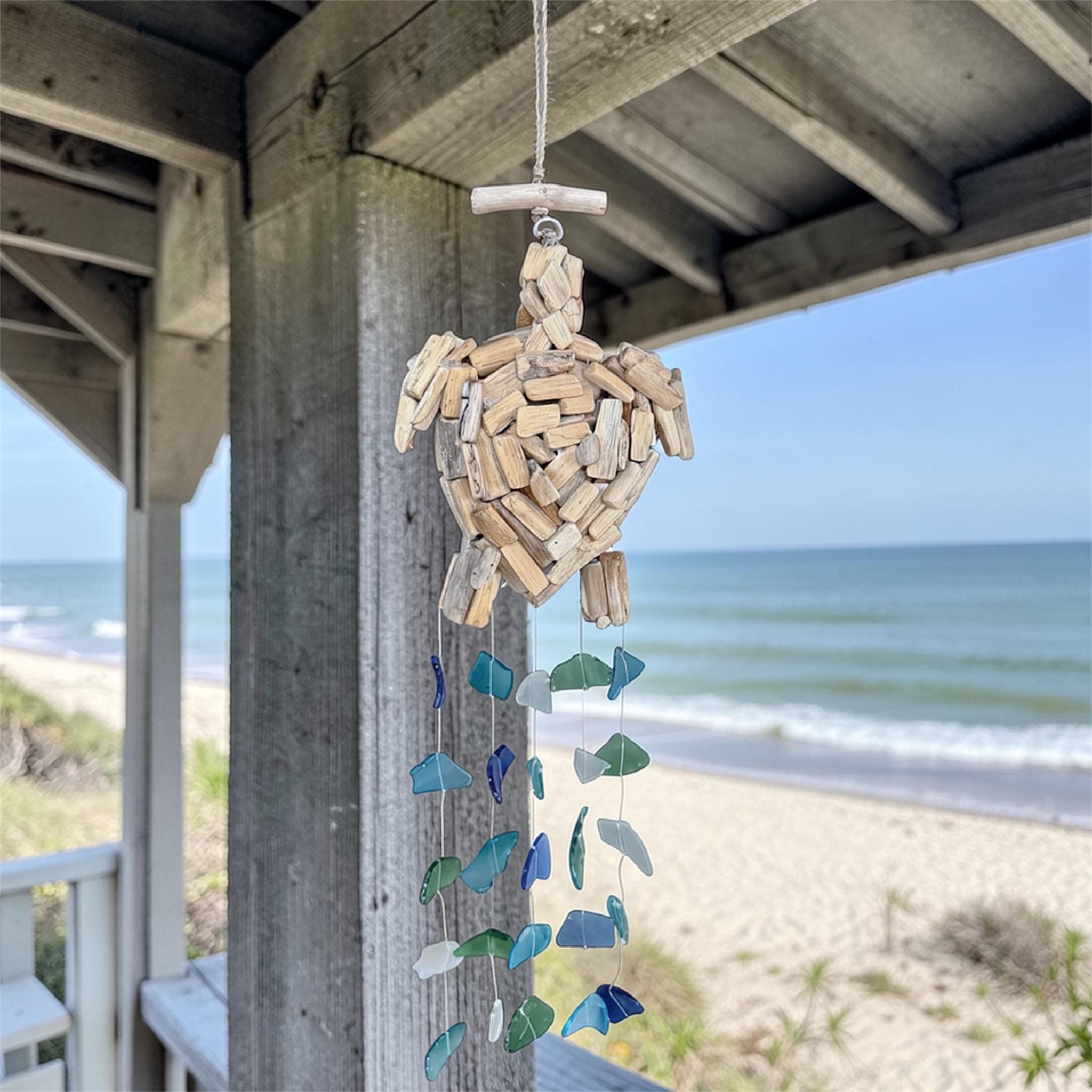 Handmade Driftwood Turtle Sea Glass Wind Chime – Bali Coastal Decor, Ocean Inspired 21"