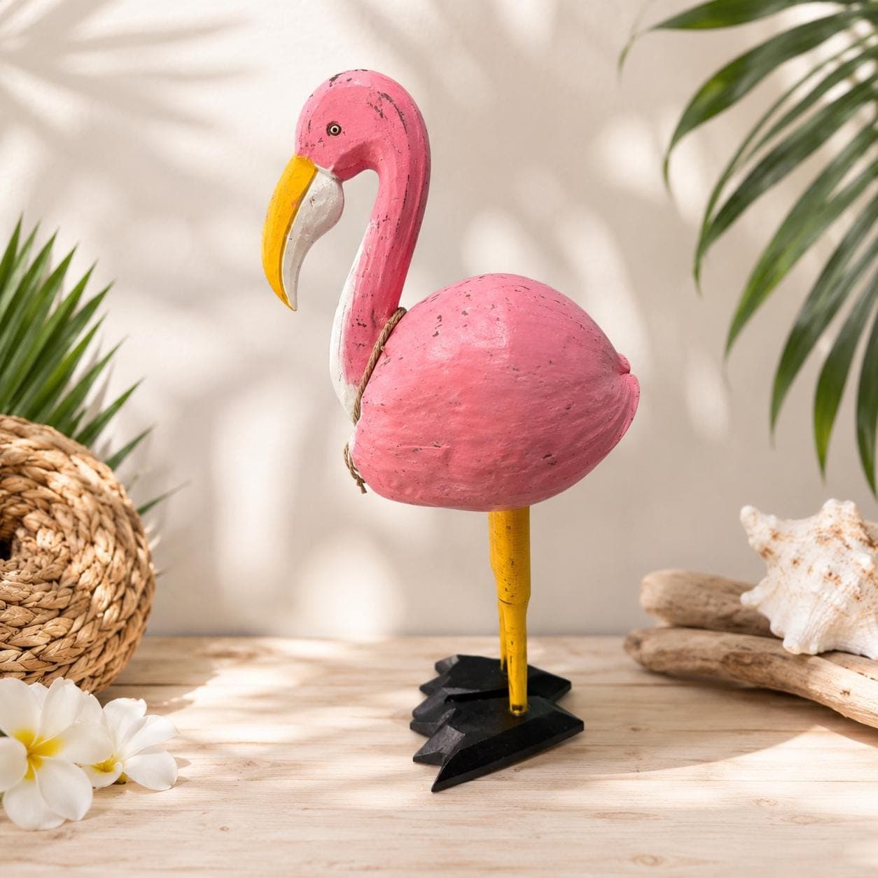 Handmade Coconut Flamingo Statue, Pink Tropical Coastal Bird Decor, Beach House Shelf Sculpture, Tiki Bar Tabletop Decor
