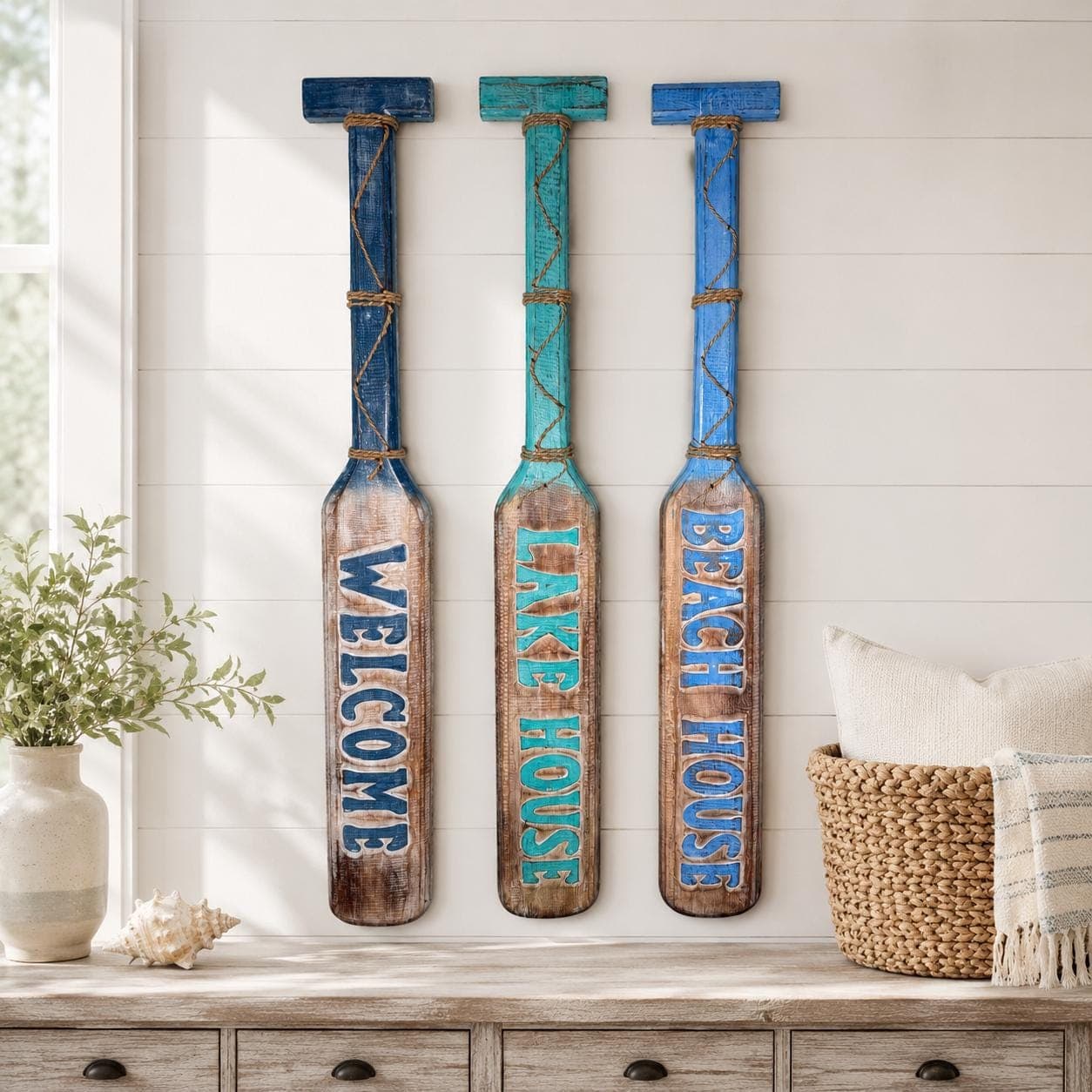 Hand Carved Wooden Oar Wall Decor, "Beach House" "Lake House" "Welcome" Sign, Coastal Nautical Paddle Wall Hanging, Rustic Decor