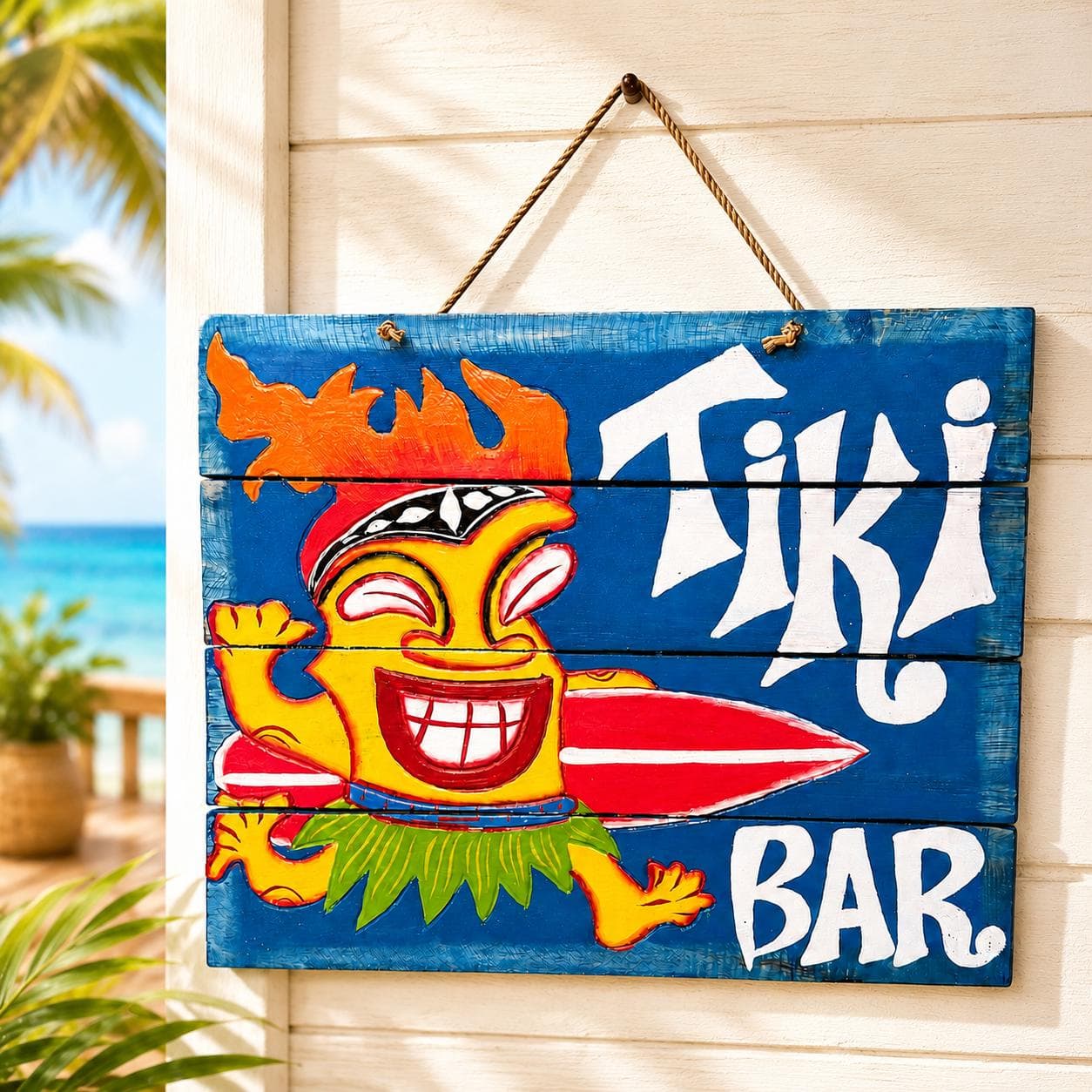 Tiki Bar Sign, Handmade Wooden Tropical Wall Decor, Surfboard Tiki Guy Sign, Pool Bar Decor, Coastal Patio Bar, Beach House Gift