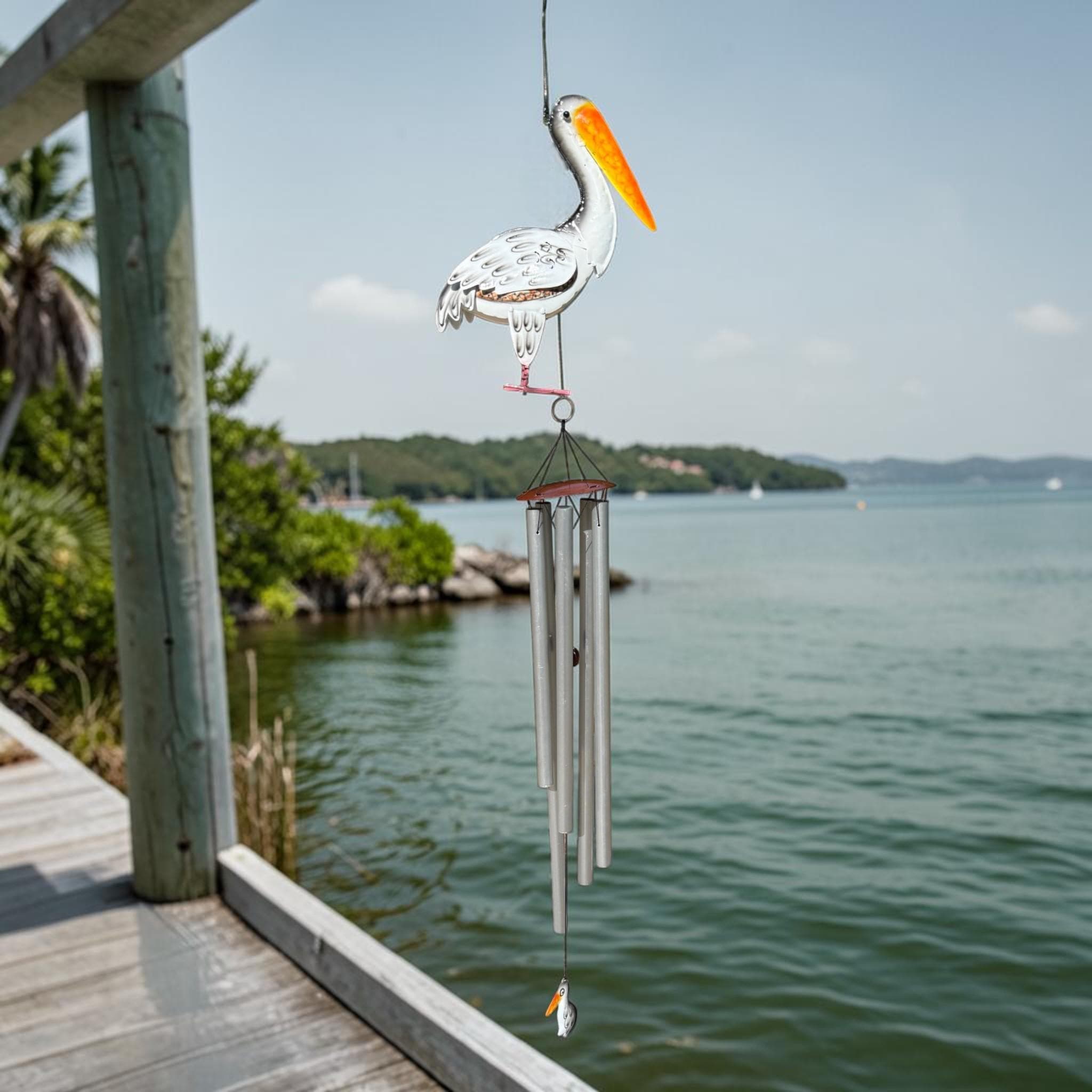 Metal Pelican Wind Chime – Coastal Outdoor Garden Decor, 43" Tall