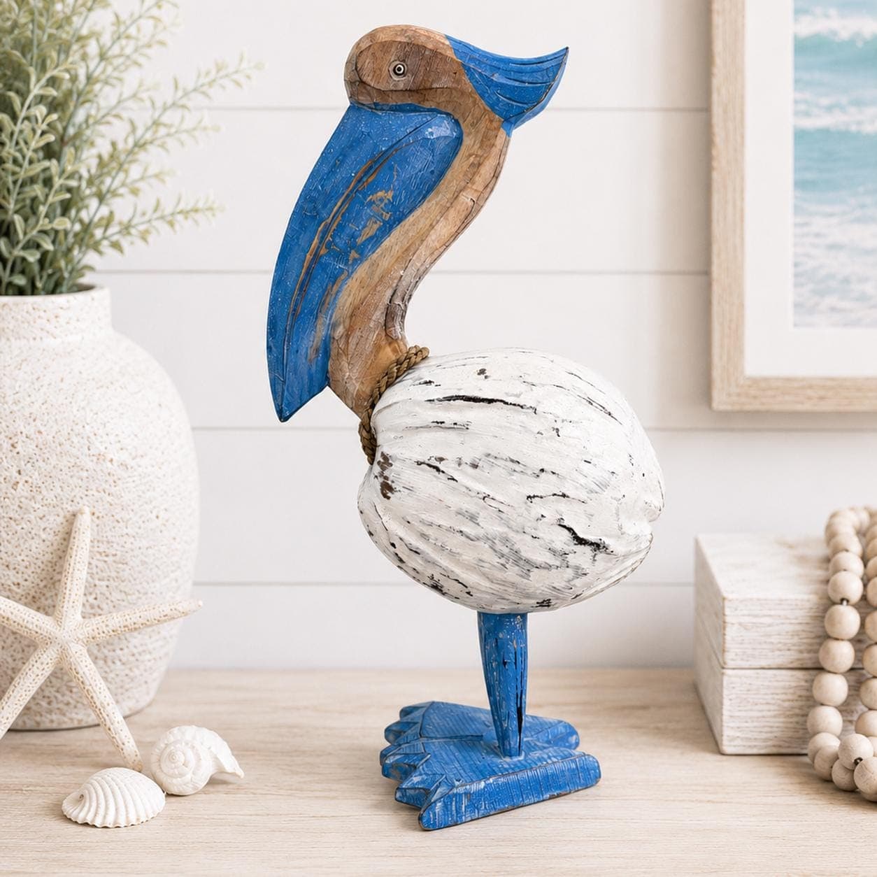 Handmade Coconut Pelican Statue, Blue Wood Coastal Bird Decor