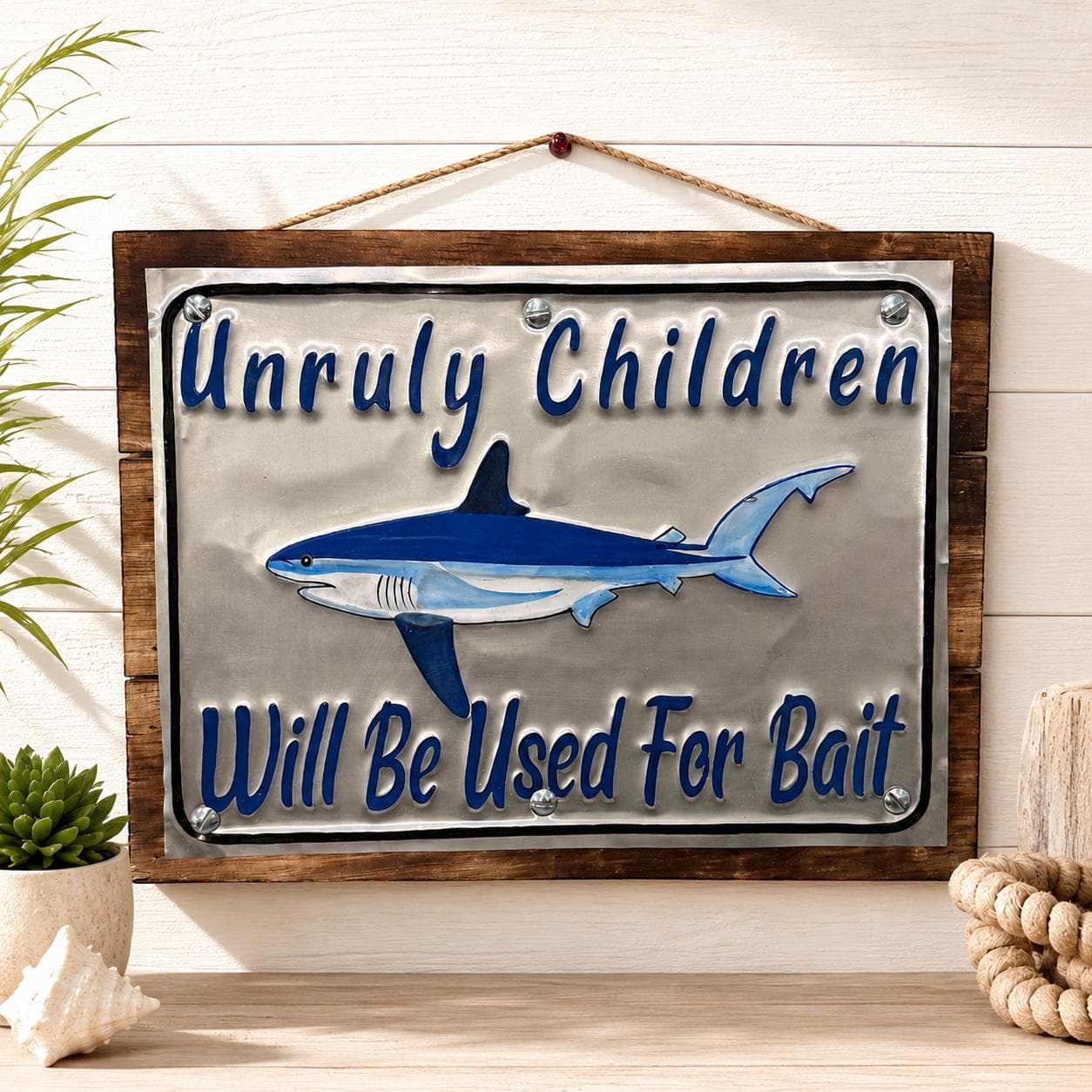 Funny "Unruly Children" Shark Wall Sign, Handmade Wood and Metal Beach House Decor, Tiki Bar Fishing Cabin Sign