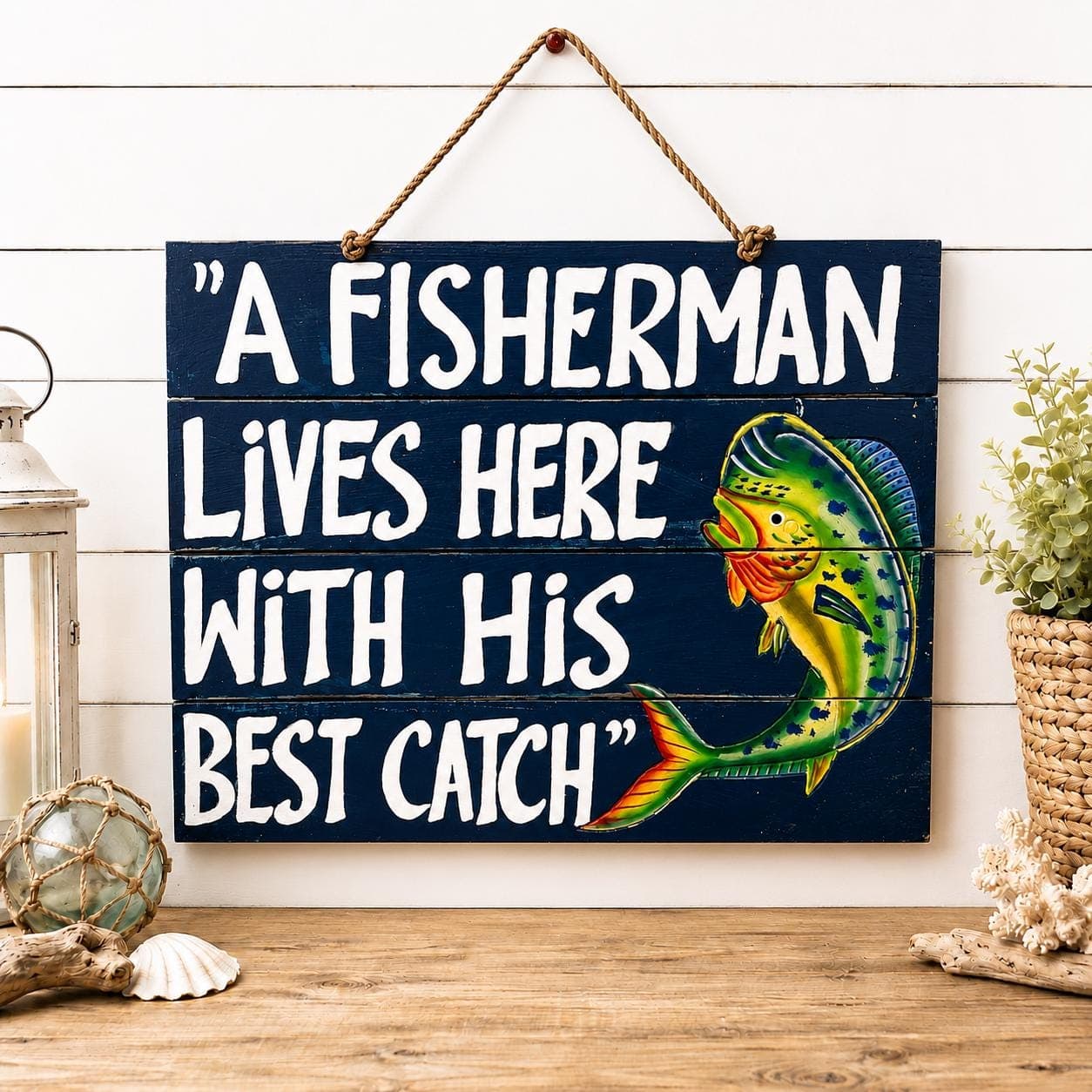 Fishing Signs Wall Art Funny, Mahi - Fisherman Wall Sign Decor for Beach House, Best Catch Gift for Husband, Man Cave,