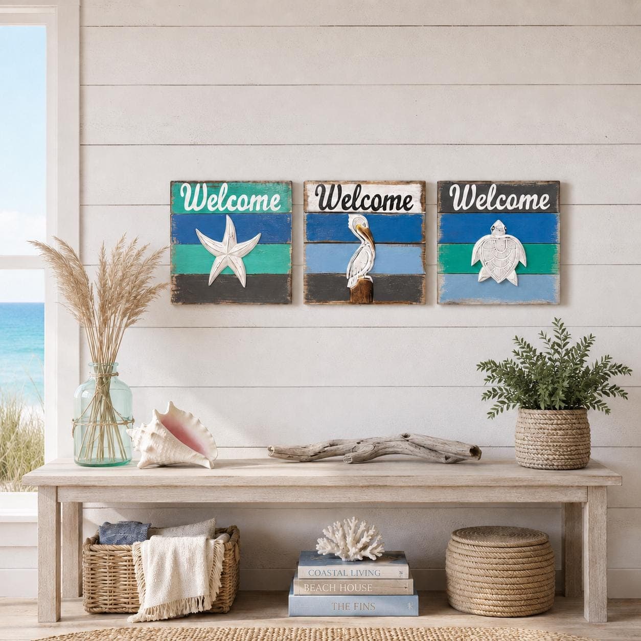 Wooden Welcome Sign, Coastal Beach House Wall Decor, Handmade Nautical Entryway Sign, Starfish Pelican or Turtle, Rustic Wood Sign