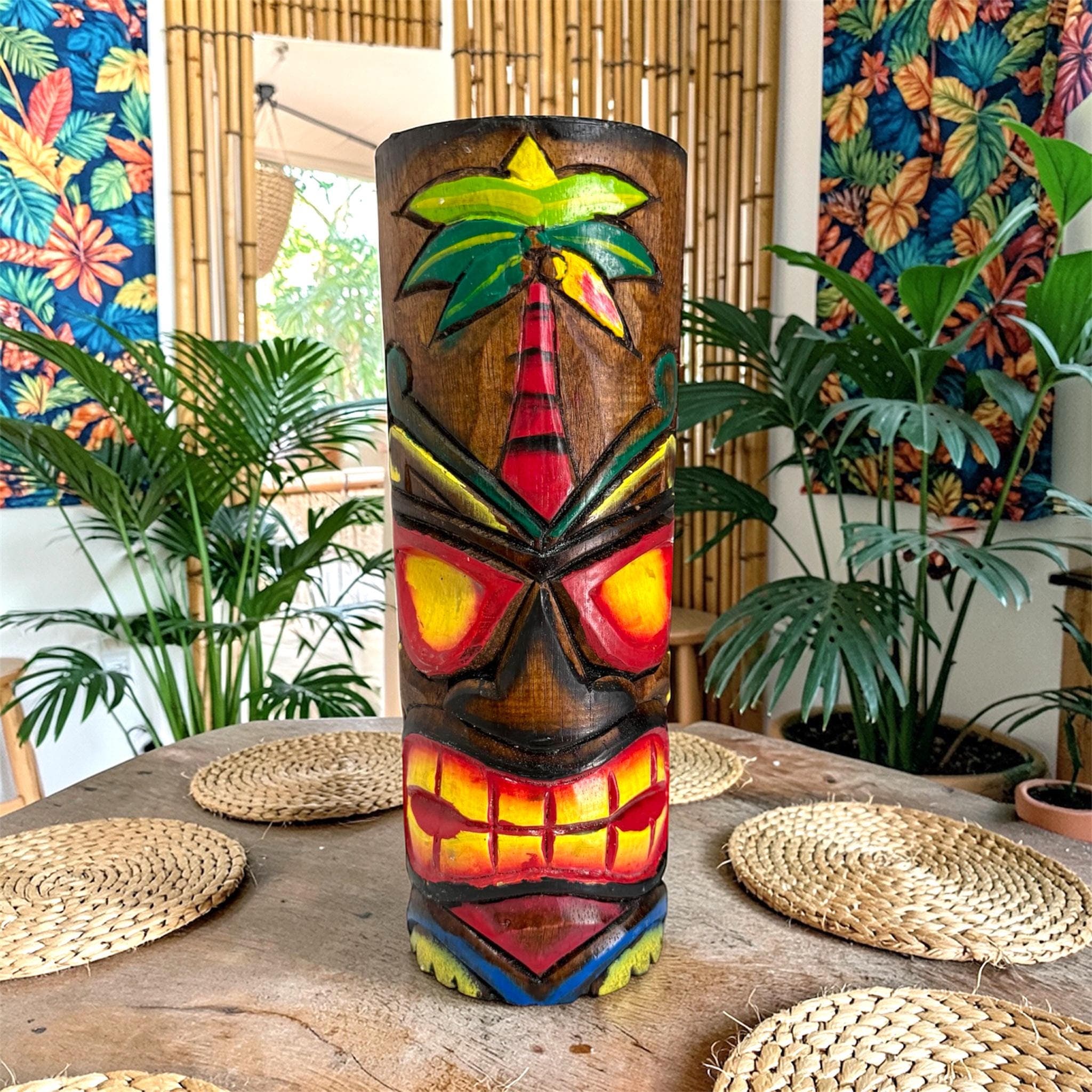 Hand Carved Wooden Tiki Statue – Hand-Painted Tropical Decor Accent