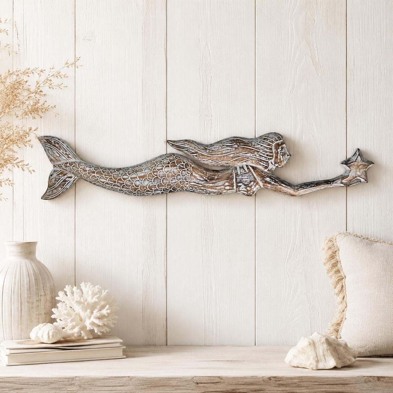 Hand-Carved Wood Mermaid Wall Hanging – 39″ Rustic Coastal Beach House Art Sculpture