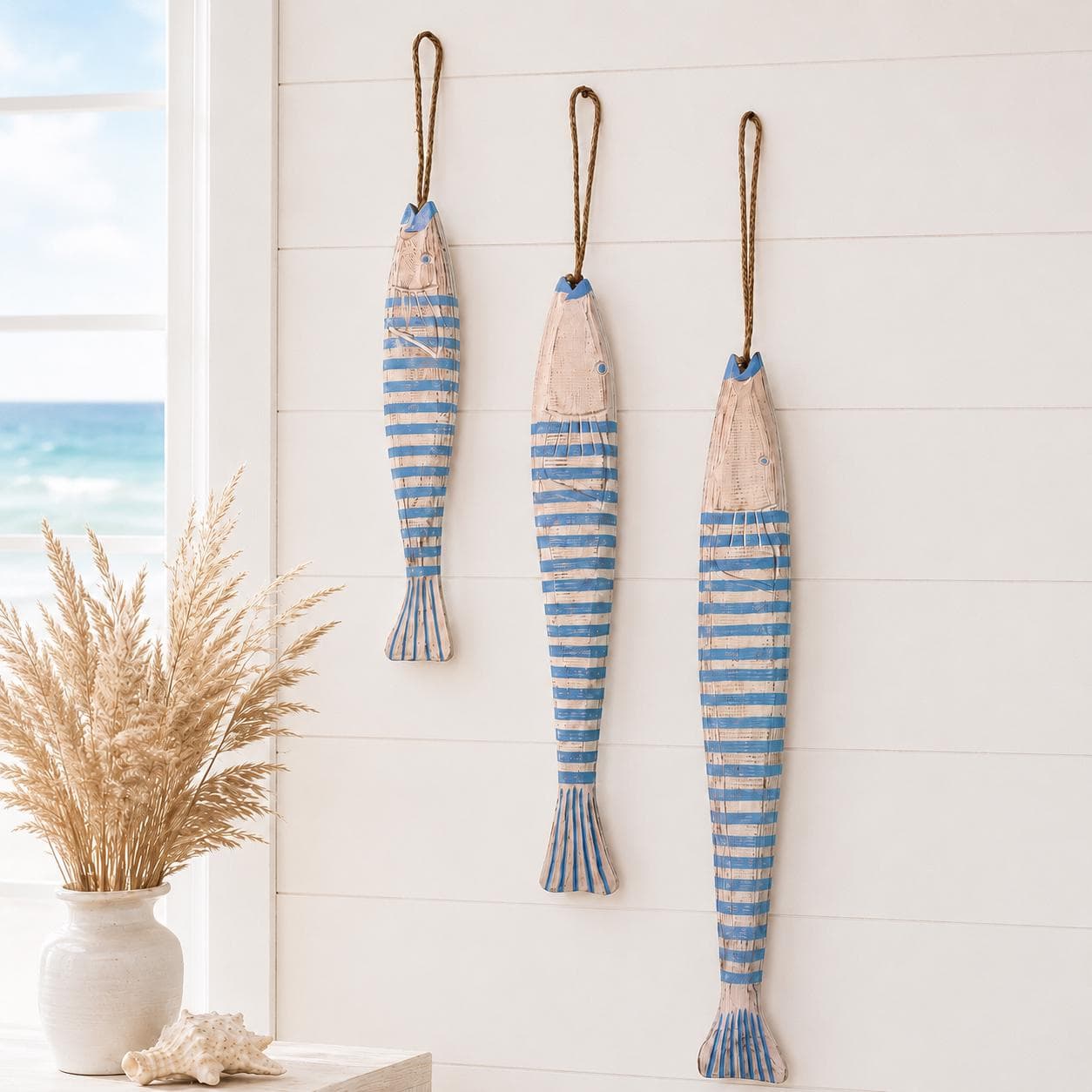 Set of 3 Wooden Fish Wall Decor, Hand Carved Nautical Beach House Hanging Fish