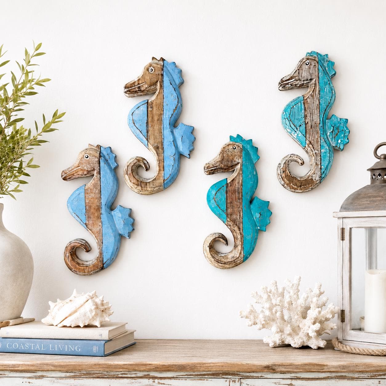Hand Carved Wooden Seahorse Wall Decor, 10 Inch Coastal Art in Blue or Teal