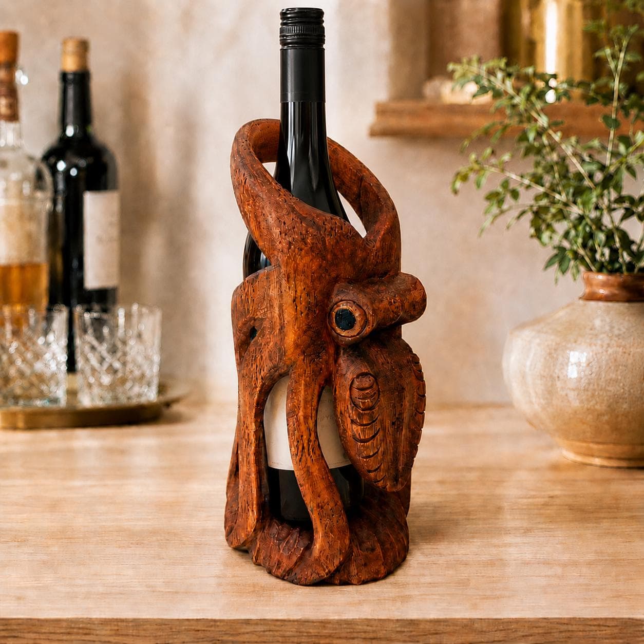 Hand Carved Wooden Octopus Wine Bottle Holder, Coastal Nautical Bar Decor