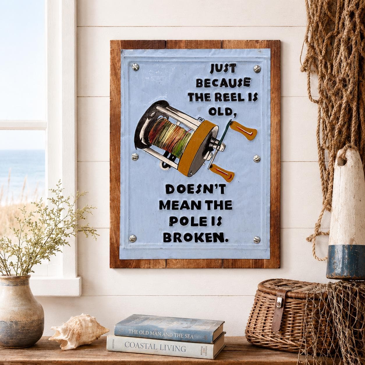 Funny Fishing Reel Sign, Handmade Wood & Metal Wall Decor, “Just because the reel is old, doesn’t mean the pole is broken” Man Cave Tiki Bar