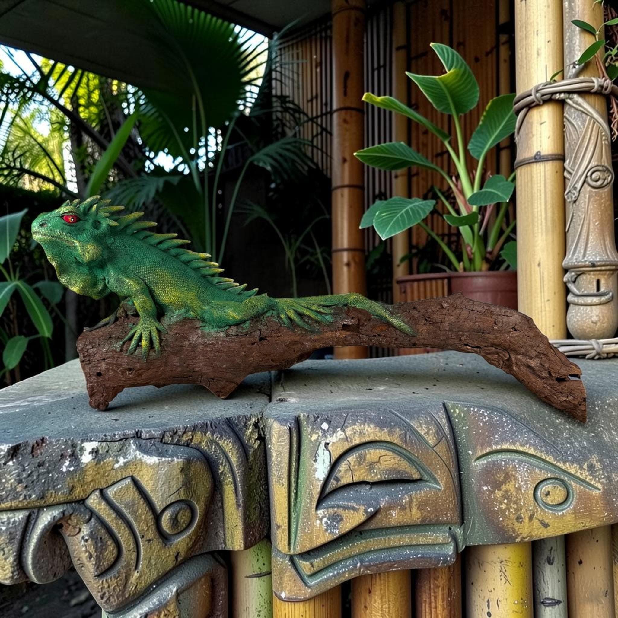Handmade Iguana Sculpture on Teak Wood | Coastal Tiki Decor | Hand Painted Lizard Figurine | Tropical Beach House Decor | Unique Gift
