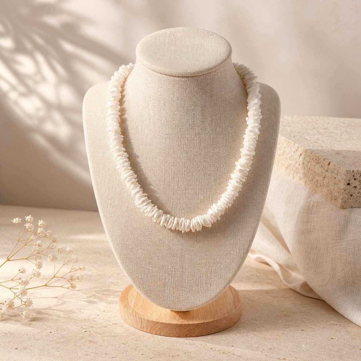 Handmade Puka Shell Chip Necklace – 18" White Beach Surfer Necklace with Barrel Clasp