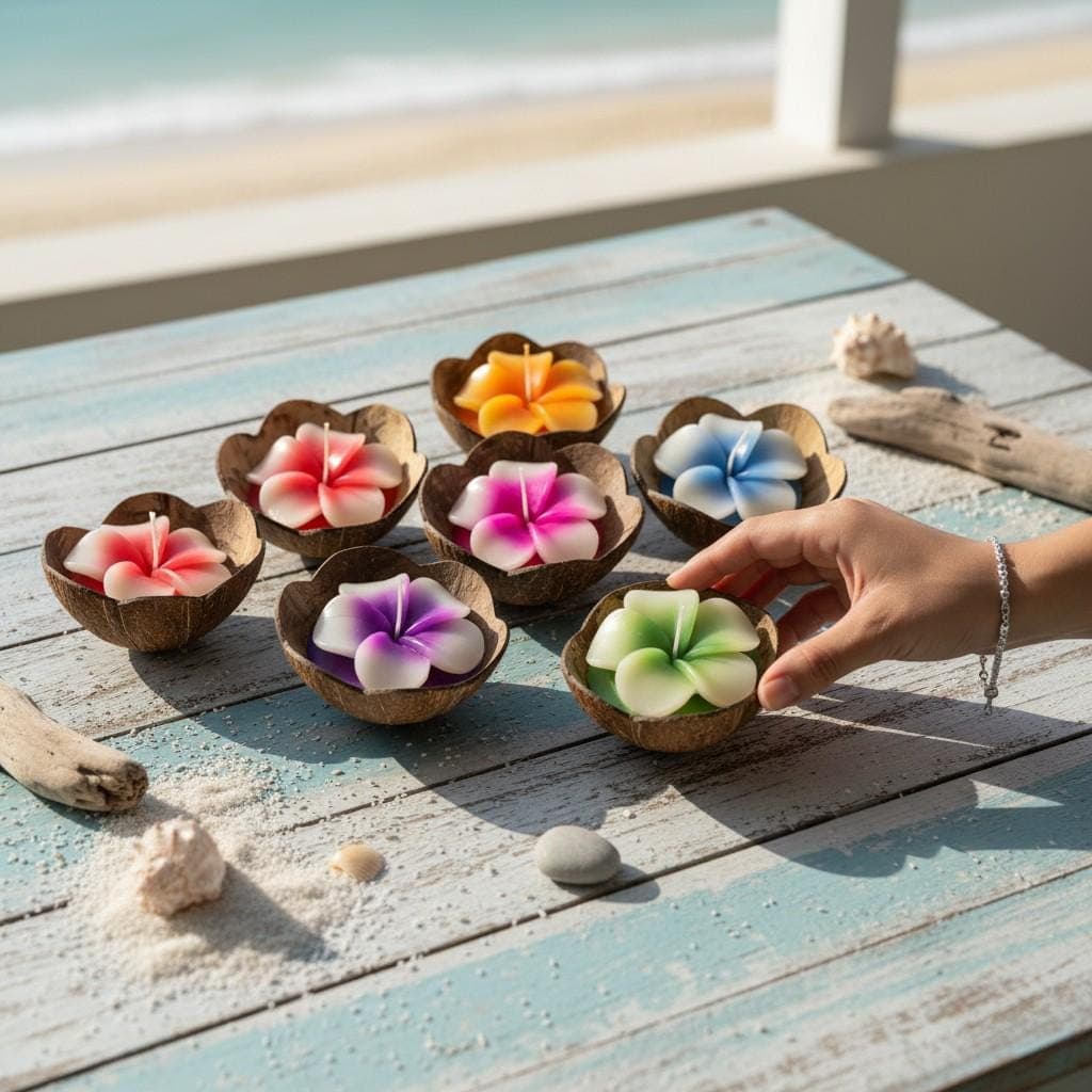 Hibiscus Flower Candle in Natural Coconut Bowl – Handmade Scented Wax Decor