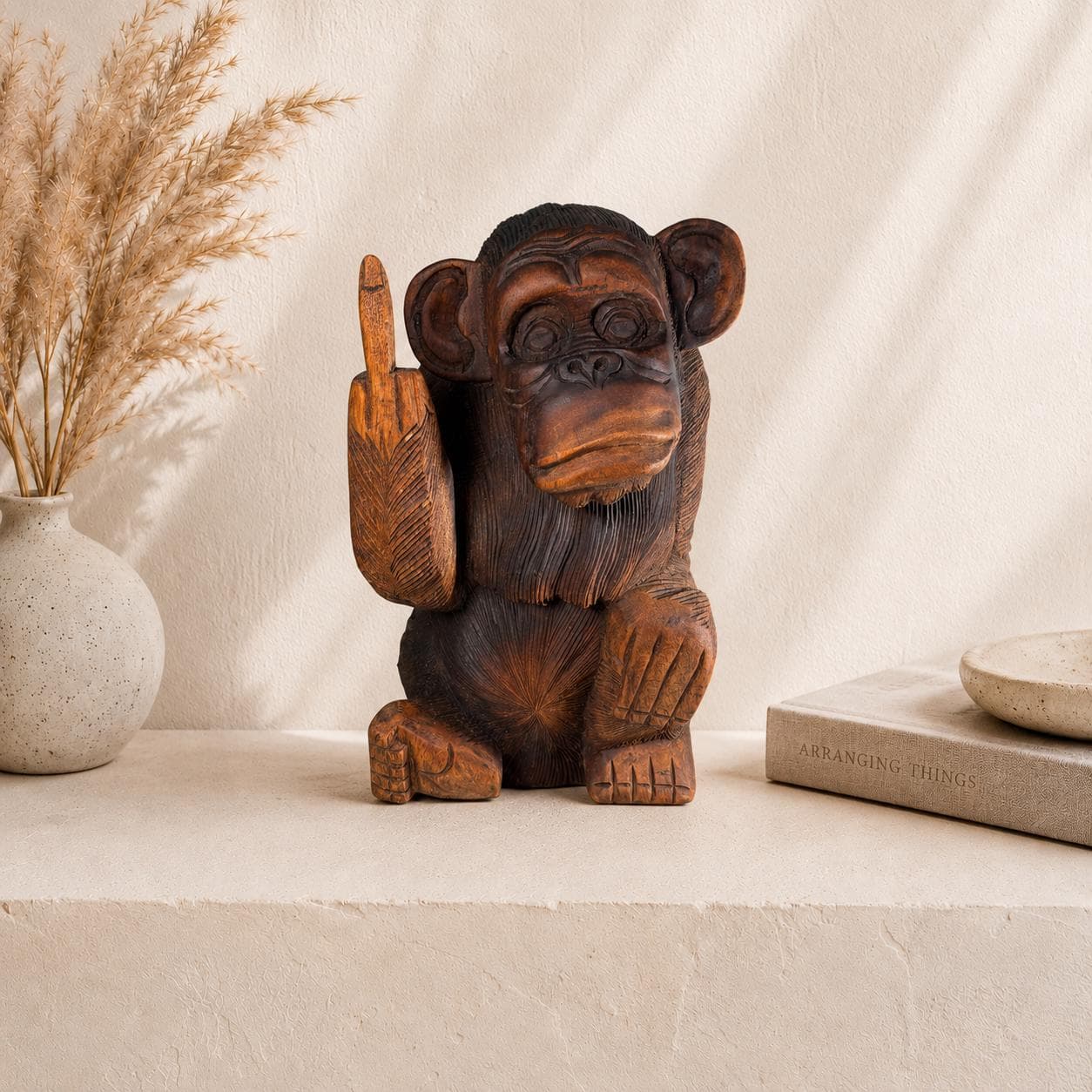 Happy Monkey – Hand‑Carved Wooden Monkey Flipping the Bird