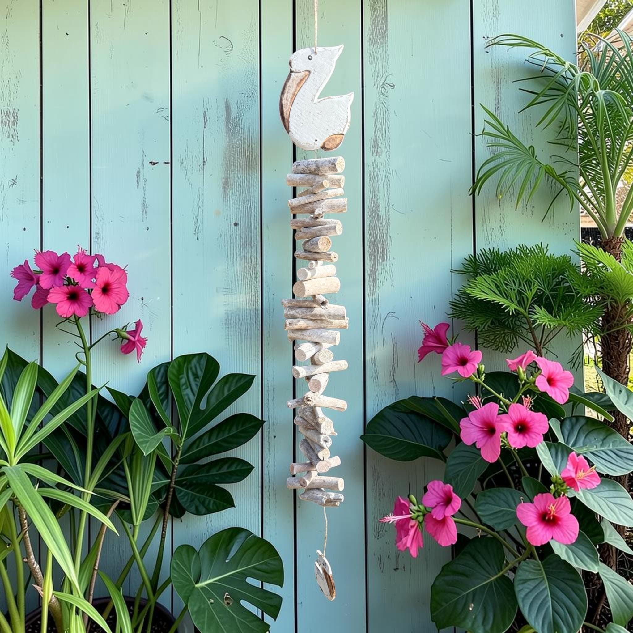 Pelican Driftwood Wind Chime Coastal Decor, Beach House Wall Hanging, Nautical Pelican Decor, Tropical Outdoor Wind Chime, Driftwood Art