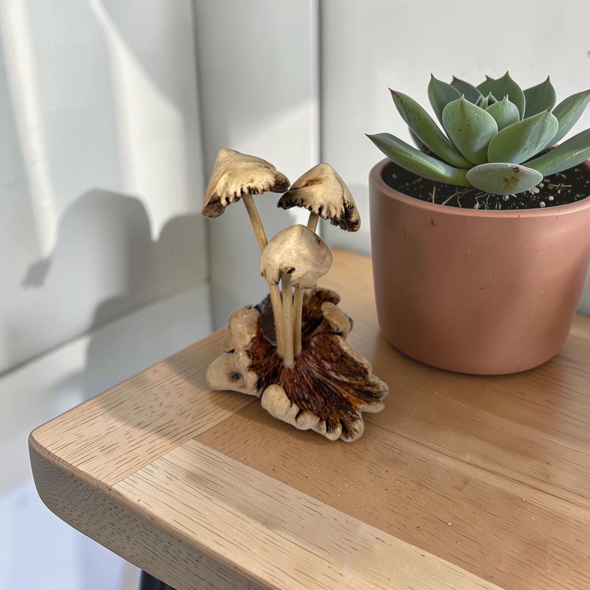 Hand‑Carved Parasite Wood Mushroom Sculpture – Rustic 5.5" Wooden Fungus Decor