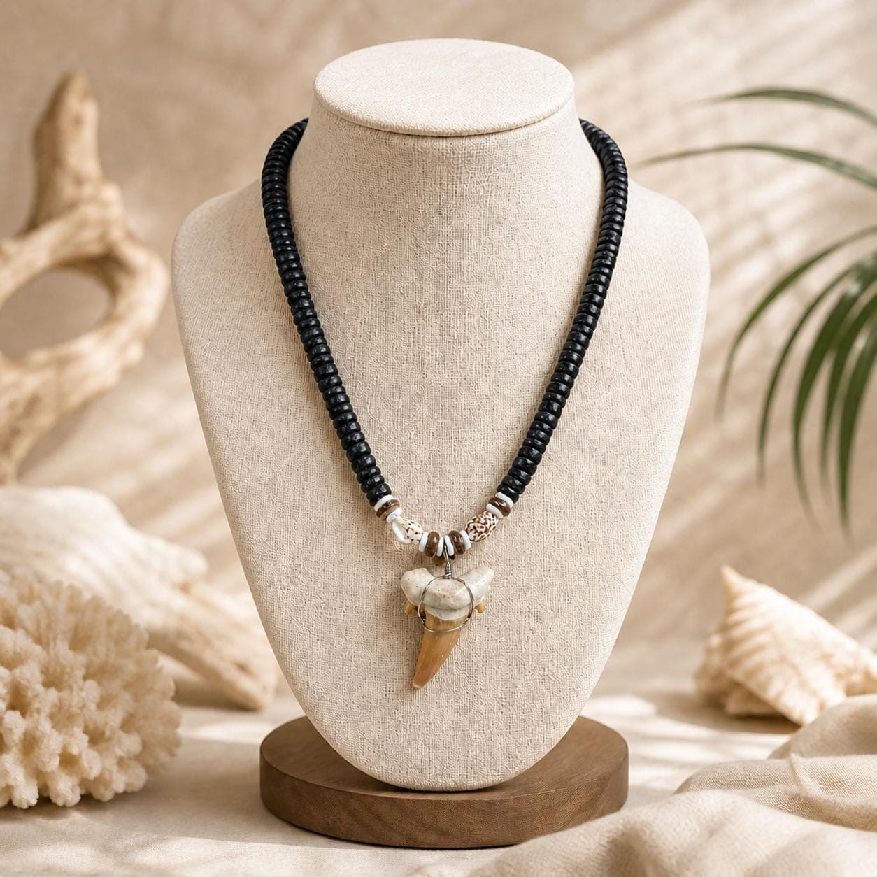 Handmade Shark Tooth Necklace – Real Tooth Pendant with Wood & Shell Beads