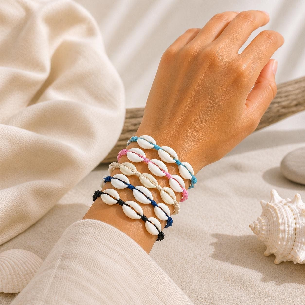Handmade Cowrie Shell Bracelet – Adjustable Boho Beach Jewelry, Surfer Charm Gift (5 Colors)