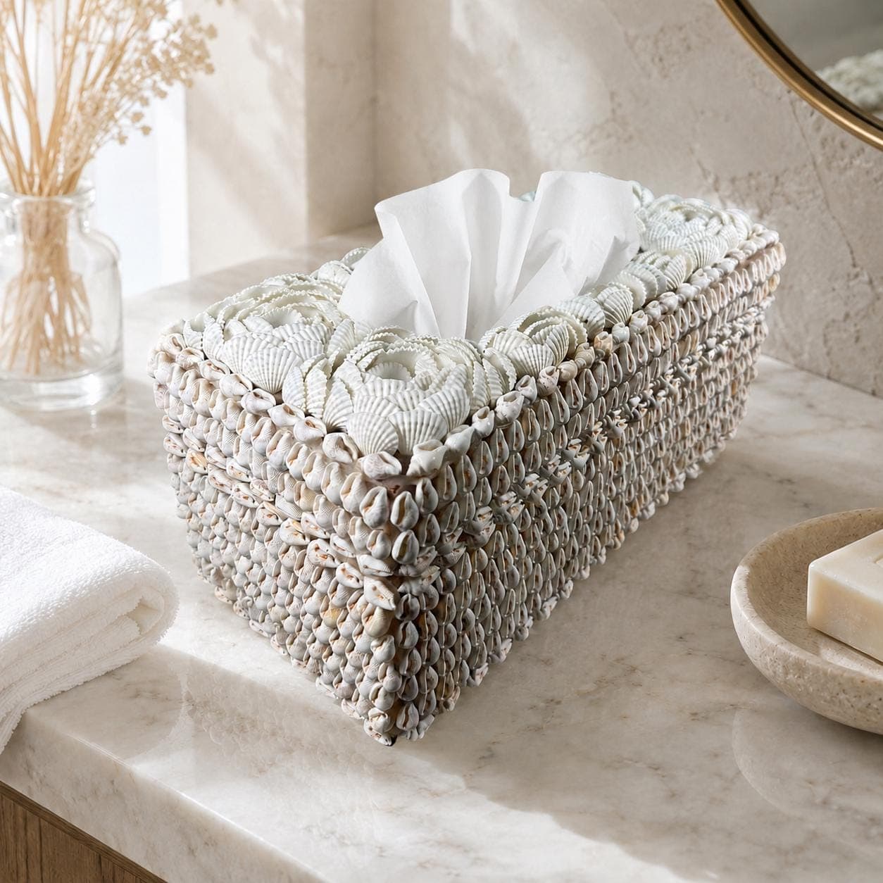 Seashell Tissue Box Cover | Handmade Coastal Decor | Beach House Napkin Holder | Boho Nautical Bathroom