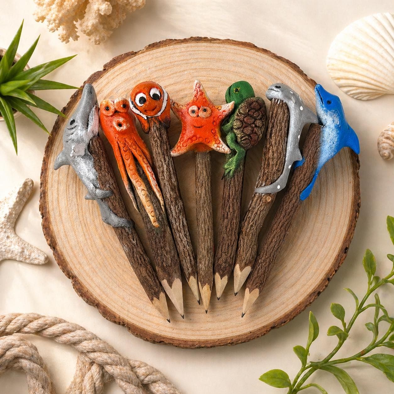 Handmade Sea Animal Twig Pencils – Natural Branch Pencils with Hand‑Painted Ocean Creature Toppers