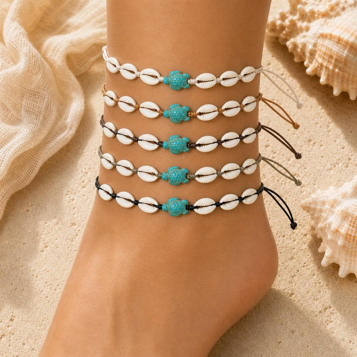 Handmade Cowrie Shell Turtle Anklet – Adjustable Beach Anklet with Turquoise Turtle Charm in 5 Colors
