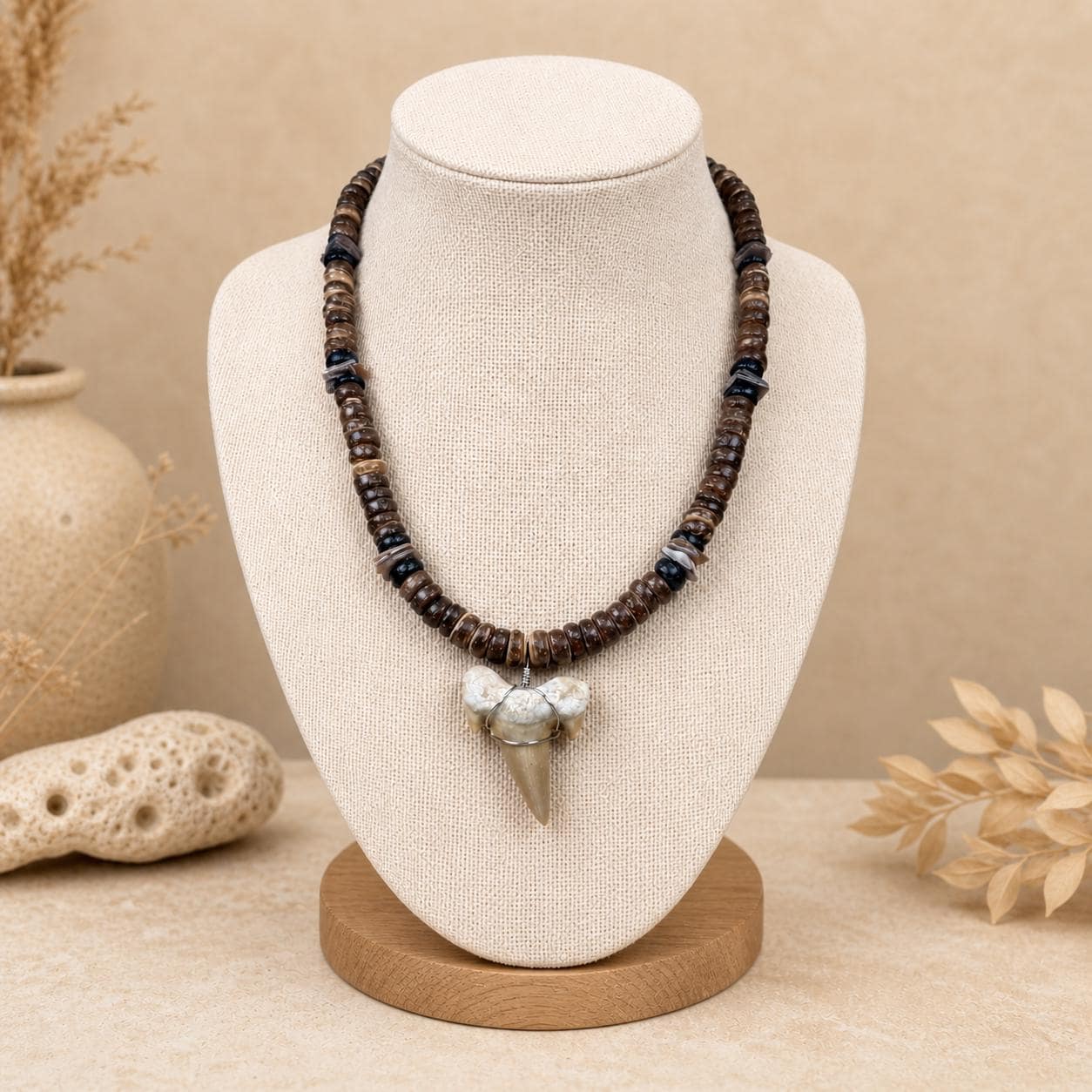 Handmade Shark Tooth Necklace | Real Shark Tooth Pendant, Wood & Shell Beads, Coastal Boho Surf Jewelry 18"