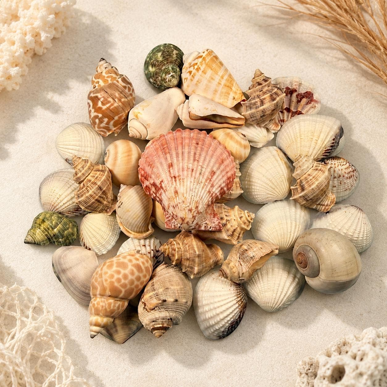 Mixed Natural Sea Shells – 8 oz Craft Supply Lot (~40 Shells) | Scallop, Murex, Conch, Turbo & Moon Snail Mix