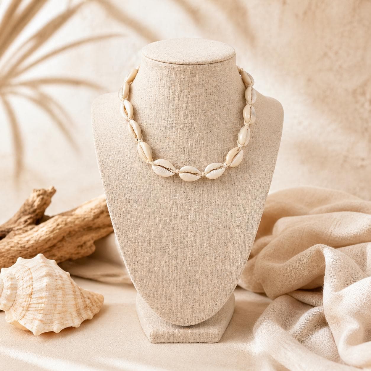 Handmade Cowrie Shell Choker – Natural Tan Cord Beach Necklace, Adjustable 14 – 15.5 inches