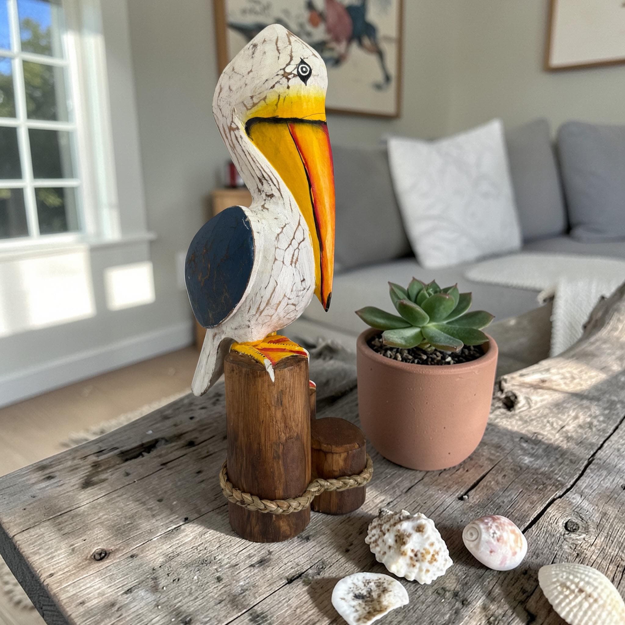 Hand Carved Wooden Pelican Statue | Rustic Coastal Beach Decor Figurine