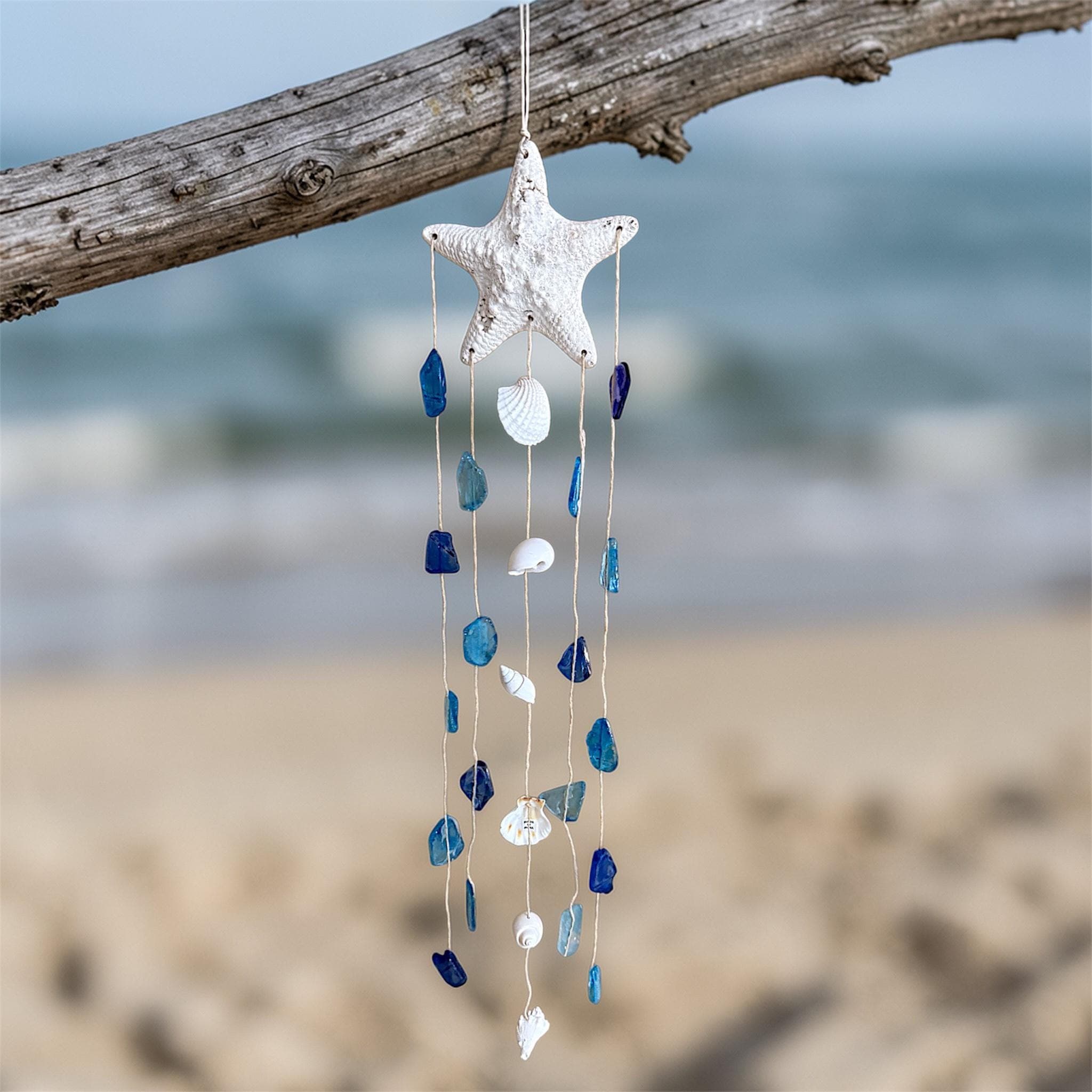 Handmade Starfish, Shell, Sea Glass Wind Chime – Bali Coastal Decor, Ocean Inspired 21"