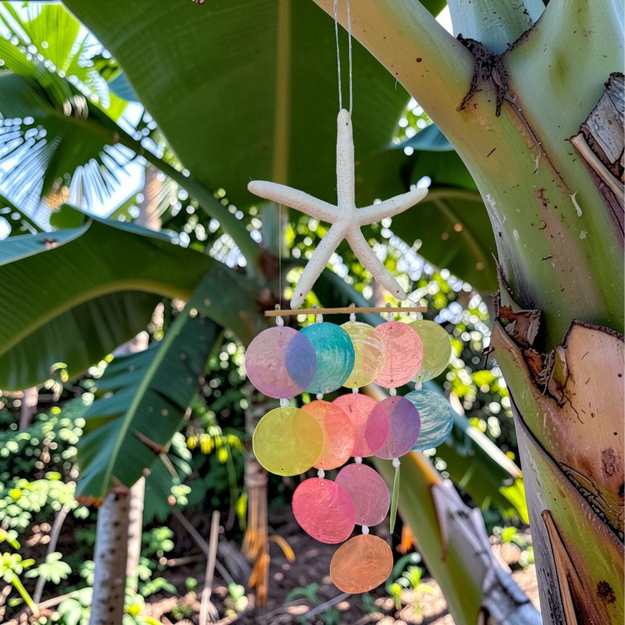 Colorful Capiz Shell Wind Chime with Starfish | Handmade Coastal Boho Decor