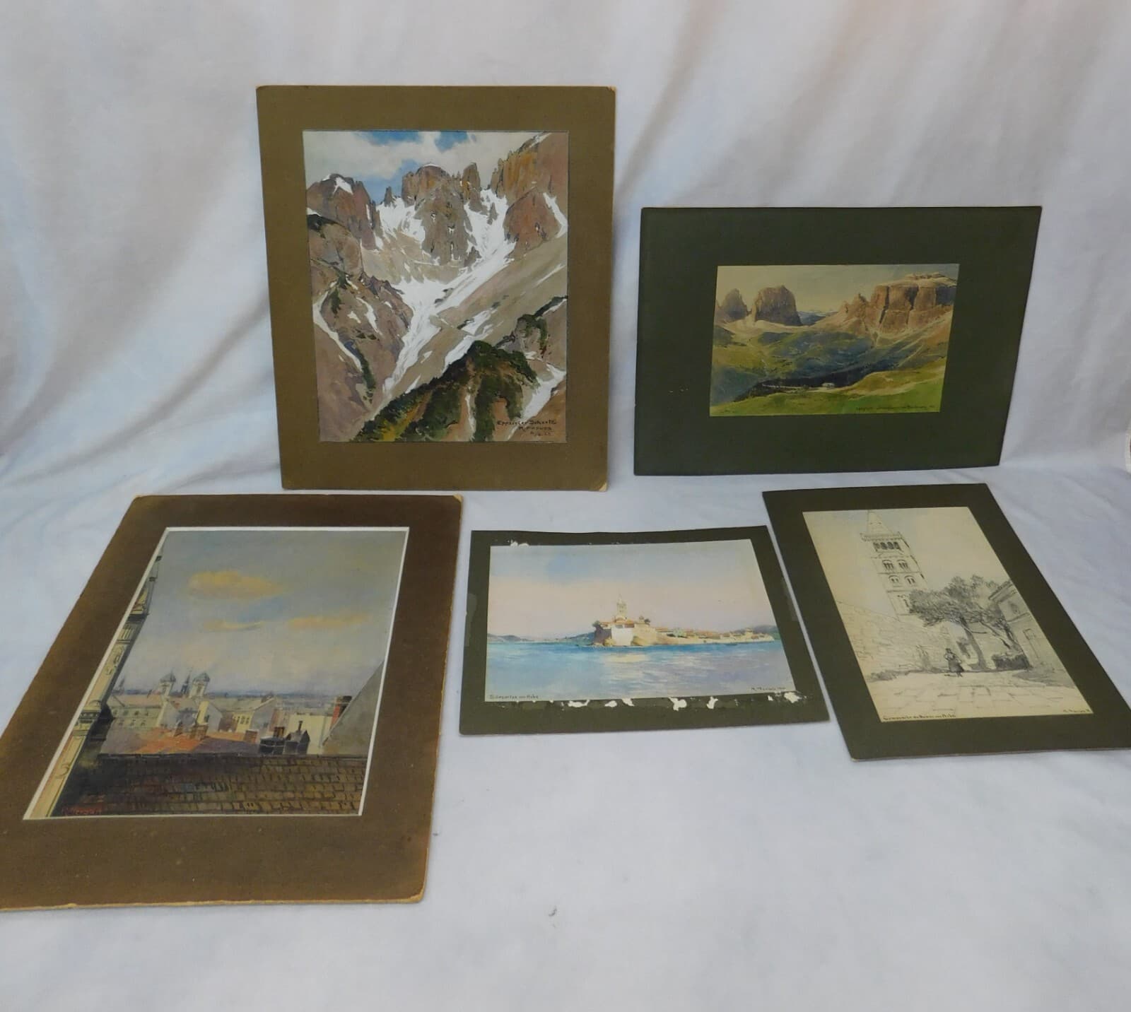 Rudolf Preuss lot of 5 Original Signed Antique Austrian Watercolor Paintings