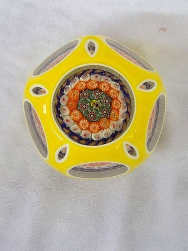 Beautiful Vintage Handmade Yellow Cased Glass Millefiori Paperweight
