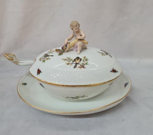 Beautiful Antique Figural Child & Cornucopia & Birds Meissen Tureen + Spoon! +++