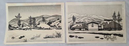 BEAUTIFUL PAIR JAPANESE WOODBLOCK by GIHACHIRO OKUYAMA WINTER SNOW COUNTY