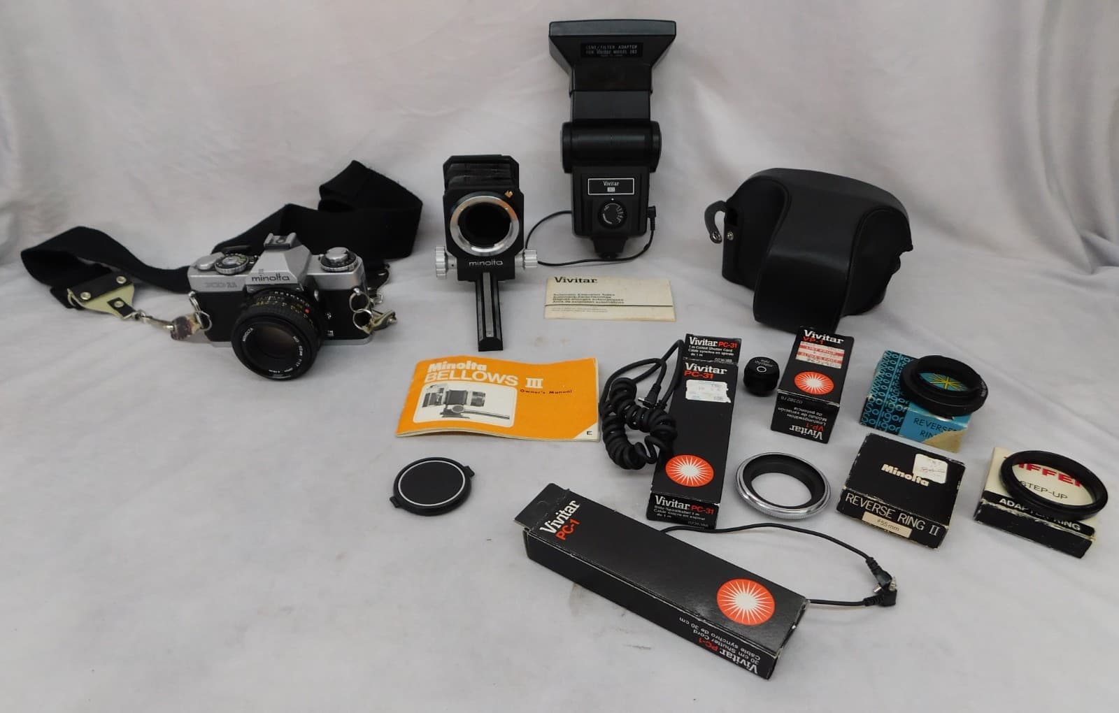 Minolta XD11 Silver 35mm SLR Film Camera + MD 50mm 1.7 Lens+Flash EXTRAS!!!!!