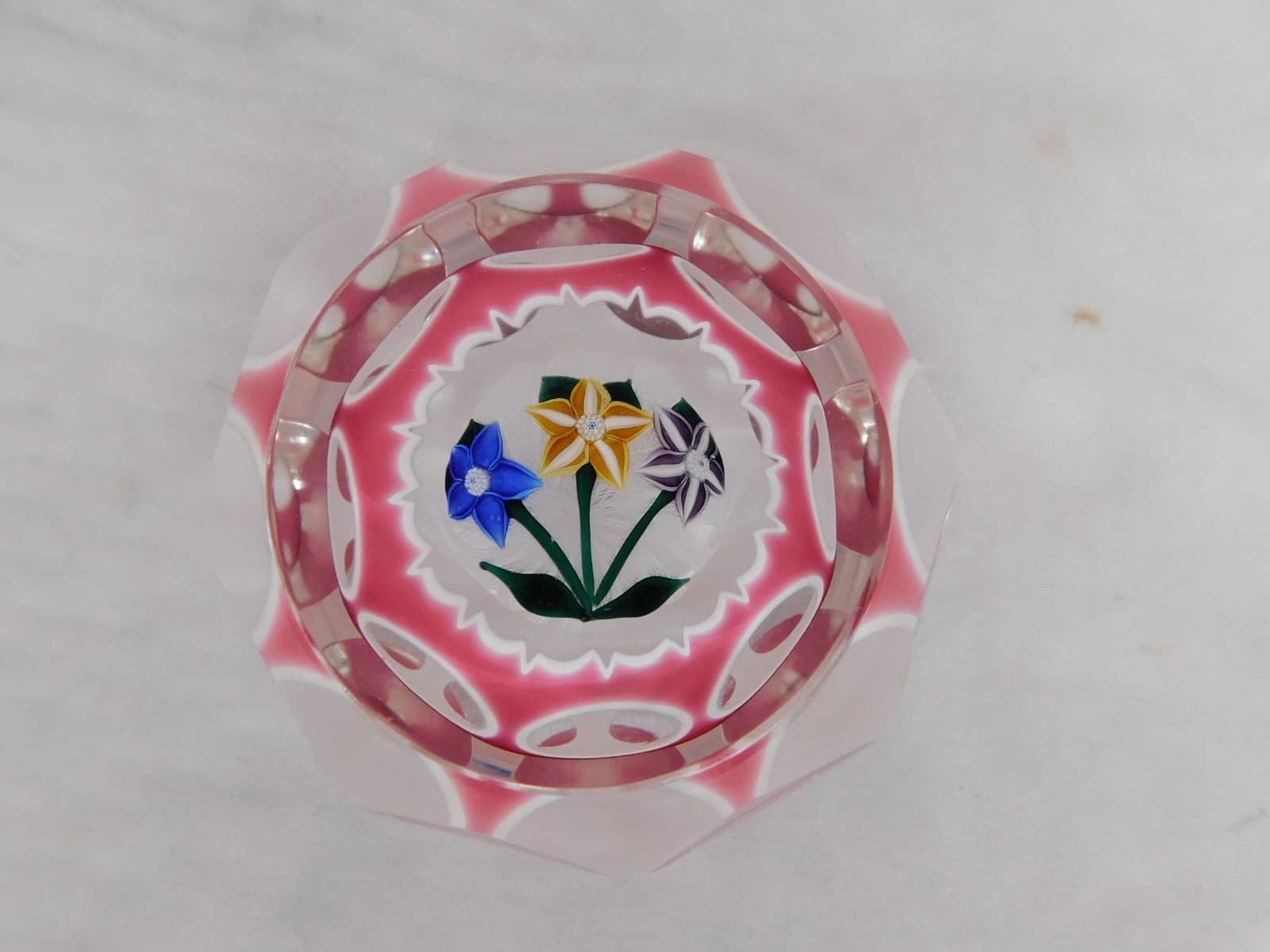 John Deacons Pink Cased Millefiori 3 Flower Floral Paperweight Signed JD 2001