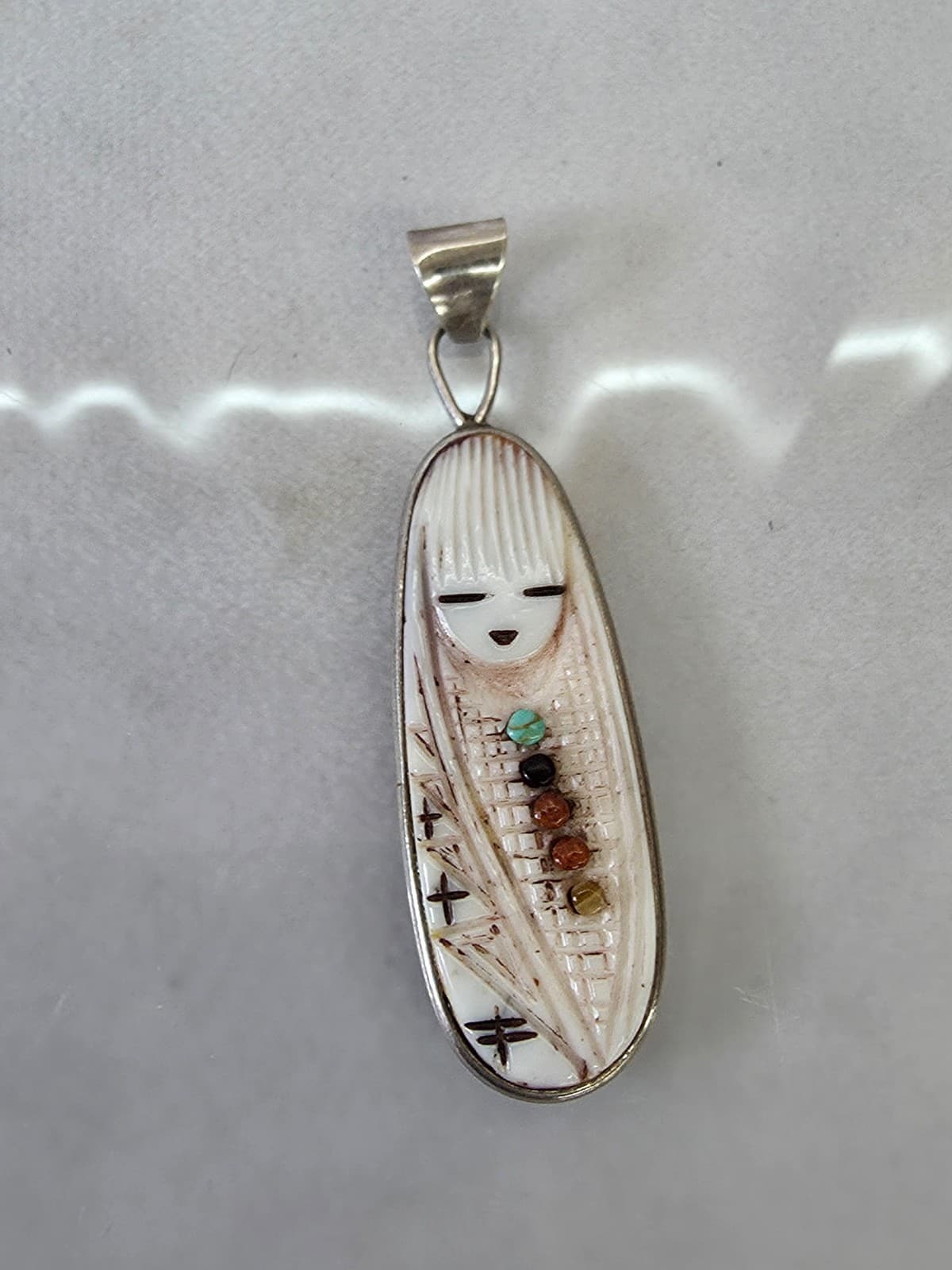 Beautiful Carved Inlay Zuni Corn Maiden Silver Pendant by Stewart Quandelacy