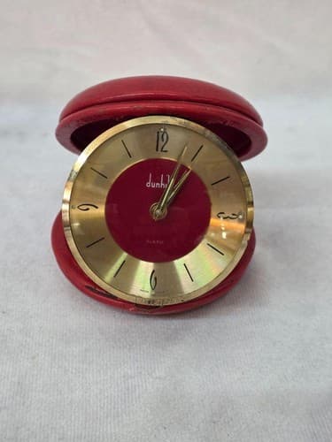 Beautiful Red & Gold Dunhill Travel-Alarm Clock in Leather case. RUNs GREAT!