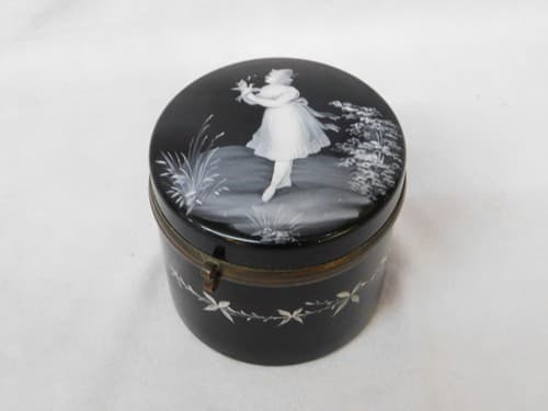 Antique Mary Gregory Black / Purple Glass Lidded Jar 3.5 x 3.5" Woman w/ Bird