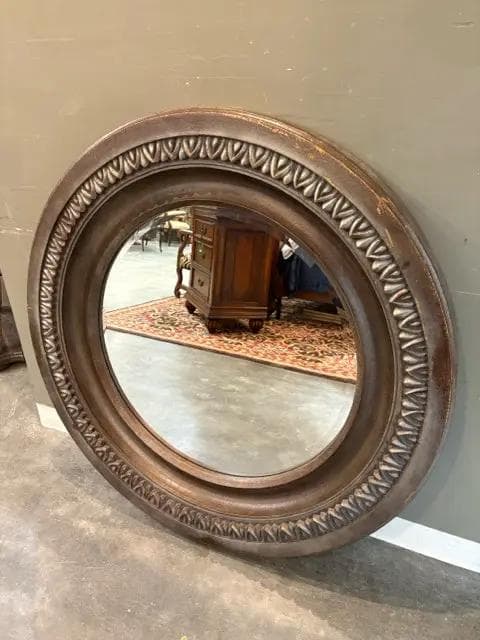 Round Brown And Silver Beveled Mirror