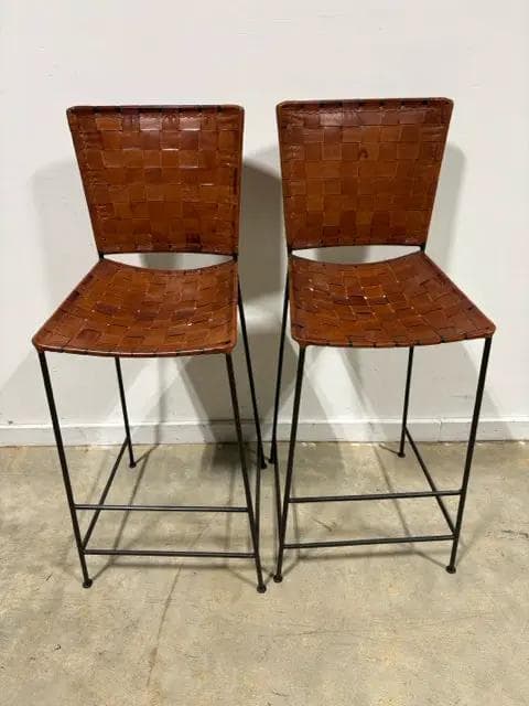 Set Of 2 Woven Brown Leather Barstools With Metal Base