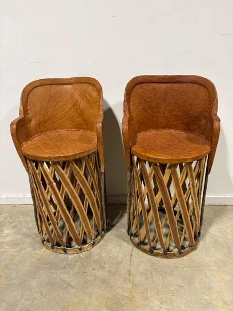 Set Of 2 Mexican Equipale Leather Bar Stools